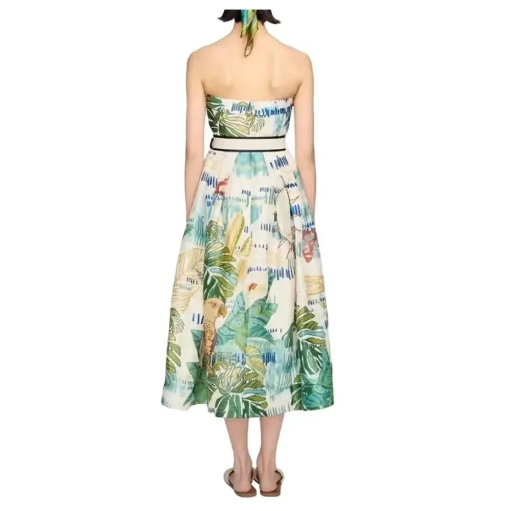 Leo Lin Botanical Print Knee-Length Strapless A-Line Linen Silk Dress US Size 2 - Picture 2 of 10